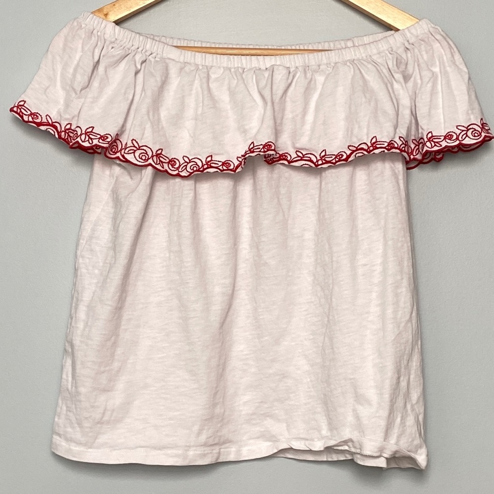 J crew off shoulder white red rose embroider top M